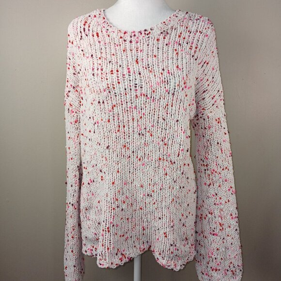 CROWN AND IVY CHENILE CONFETTI SWEATER, WHITE WITH PINK AND RED SPECKLES, SMALL - Picture 1 of 7